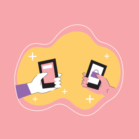 A graphic of two people holding phones
