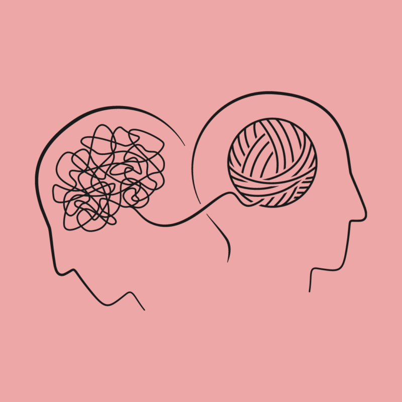 A graphic of two heads facing away from each other with rope in their head representing their brains!