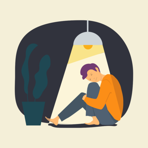 A graphic of someone crouching on the floor by a plant and under a lamp.